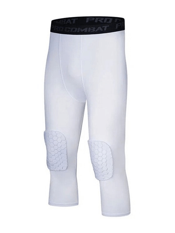 White men's sports elastic leggings with integrated knee pads for enhanced comfort and protection. Ideal for active workouts.